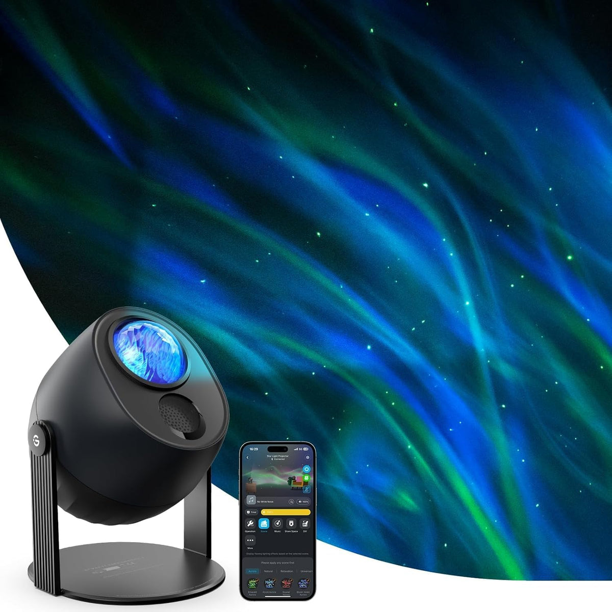 Govee LED Polarlicht Projektor - Smart RGBW Matter. Kompakt, mit Projektionslinse. Erzeugt dynamische RGBW-Lichteffekte für Raumgestaltung.