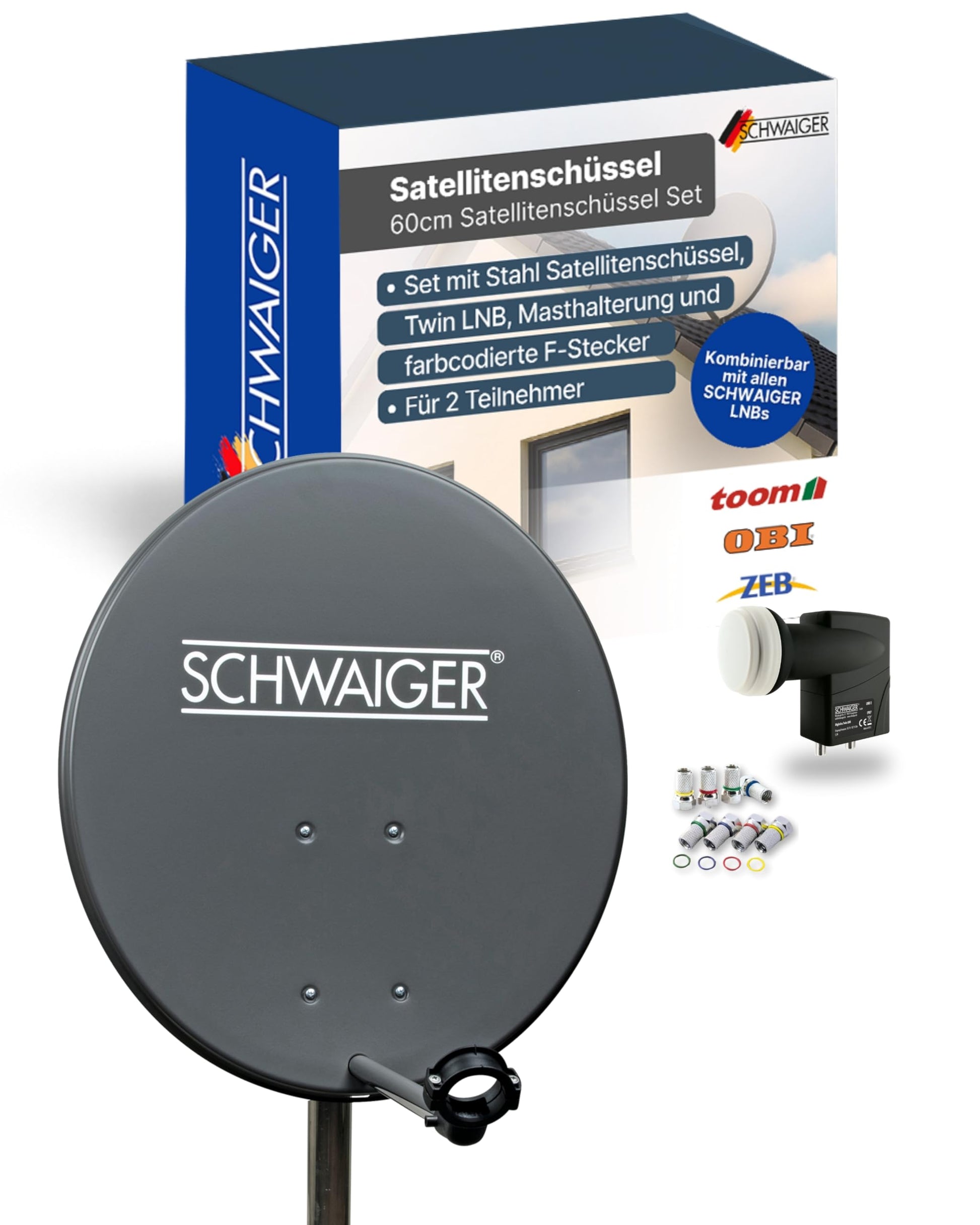 SCHWAIGER Satellitenschüssel Ø 60cm Komplettset - Anthrazit. Anthrazitfarbene Parabolantenne zum Empfang von Satellitensignalen für TV und Radio.