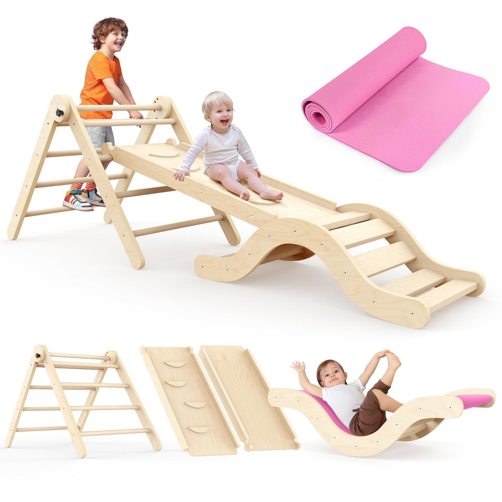 Montessori 7-in-1 Klettergerüst Indoor Spielset Kleinkind: Modulare Holzkonstruktion. Fördert motorische Entwicklung & Koordination durch Klettern, Krabbeln, Rutschen.