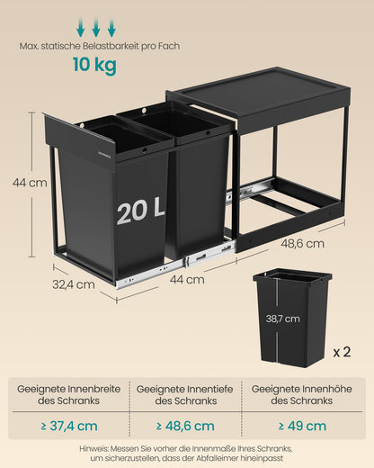SONGMICS Mülltrennsystem für Unterschrank, 2 x 20 L, ausziehbar