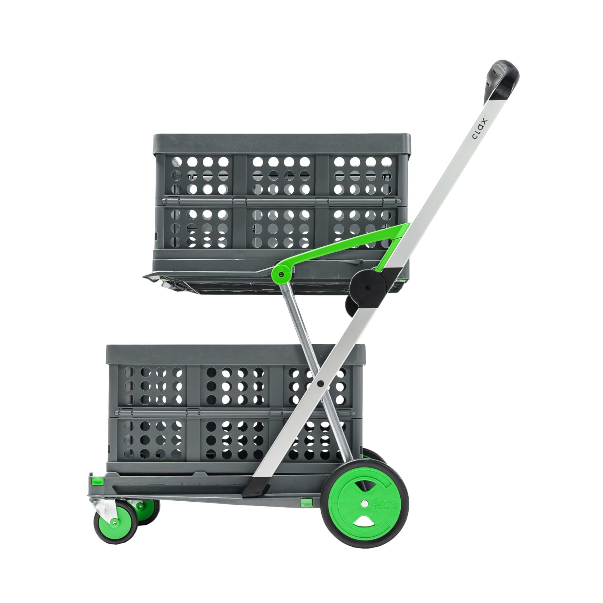 CLAX Klappbarer Transport-Trolley, Handwagen mit 2 Faltboxen: Grauer Klapprahmen, Teleskopgriff und zwei graue Faltboxen für Warentransport.