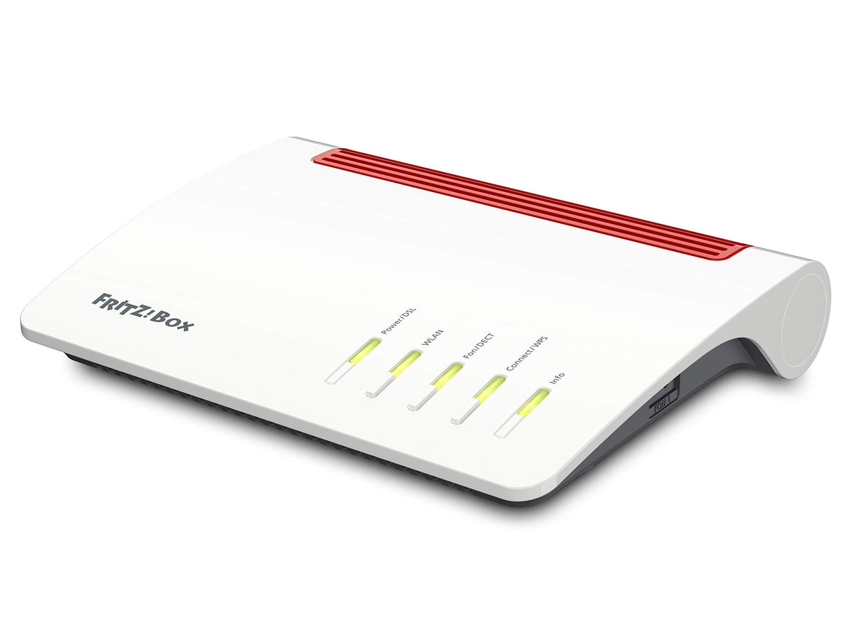 AVM FRITZ!Box 7590 High-End WLAN Router - Generalüberholt. Weiß-rot, gewölbt. Bietet VDSL/ADSL- & WLAN-Internet im Heimnetz.