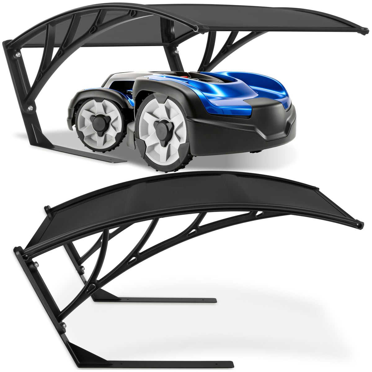 tectake Mähroboter Garage, Überdachung mit gewölbtem Dach, schwarz, aus verzinktem Stahl und Polycarbonat