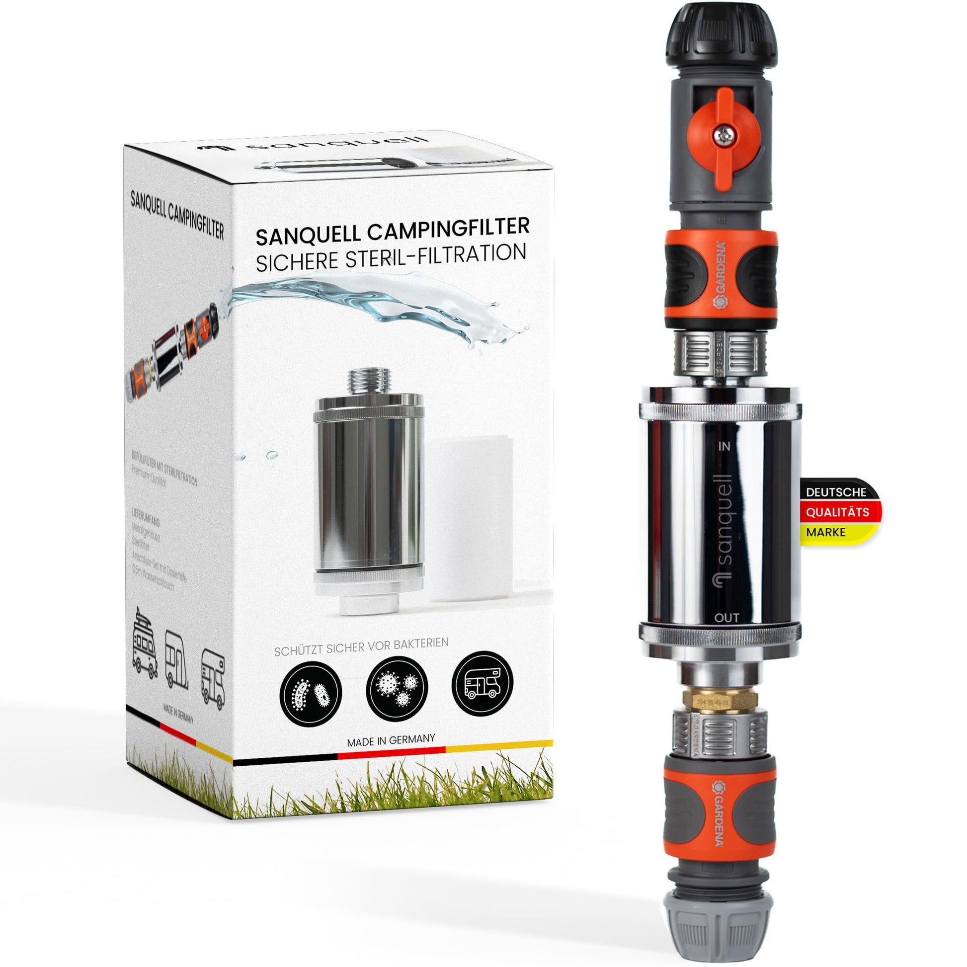 Explorer Wohnmobil Wasserfilter - Befüllfilter Komplettset. Zylindrischer blauer Filter mit Schläuchen. Filtert Sedimente, Chlor & Gerüche beim Befüllen des Frischwassertanks.