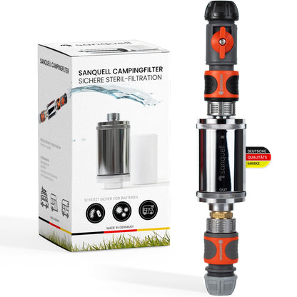 Explorer Wohnmobil Wasserfilter - Befüllfilter Komplettset. Zylindrischer blauer Filter mit Schläuchen. Filtert Sedimente, Chlor & Gerüche beim Befüllen des Frischwassertanks.