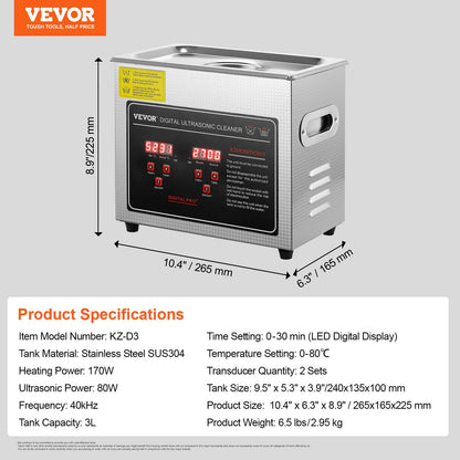 VEVOR Ultraschallreiniger 3L 150W Edelstahl mit Digitalanzeige