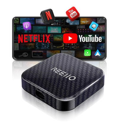 CarPlayBox Drahtlos Adapter - Netflix/YouTube/TF-Karte: Schwarzer, rechteckiger Adapter für kabelloses CarPlay und Medien-Streaming.