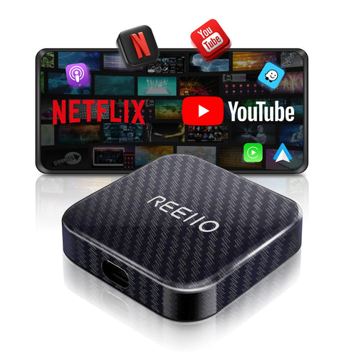 CarPlayBox Drahtlos Adapter - Netflix/YouTube/TF-Karte: Schwarzer, rechteckiger Adapter für kabelloses CarPlay und Medien-Streaming.
