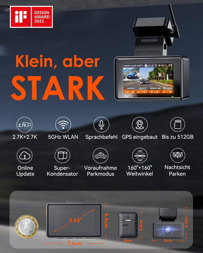 VANTRUE E2 Dual Dashcam 2.7K vorne und hinten, WLAN, GPS, Nachtsicht