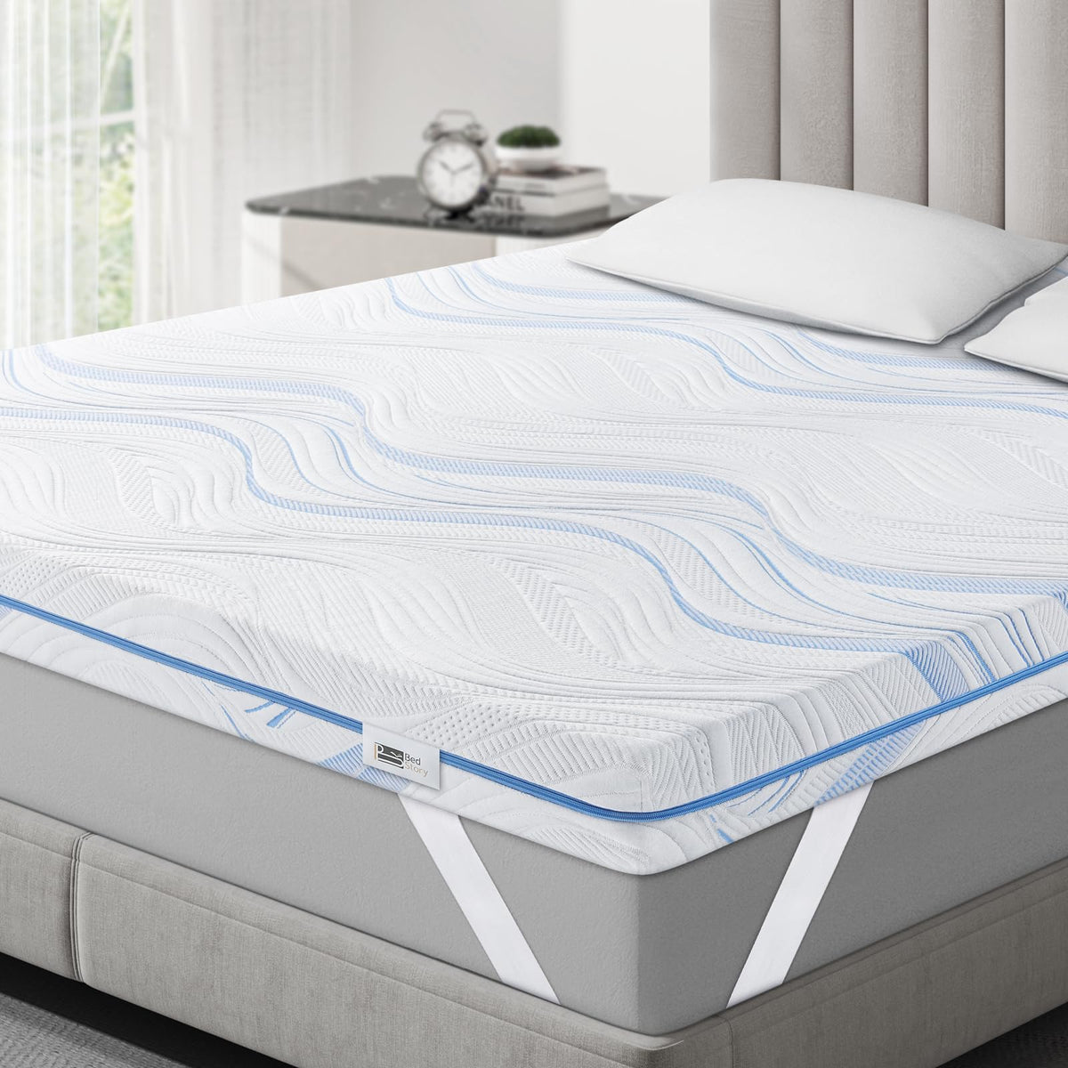 BedStory Matratzentopper 160x200 cm Gel-Kaltschaum H3/H4 10 cm, Bezug mit blau gestreiftem Wellendesign