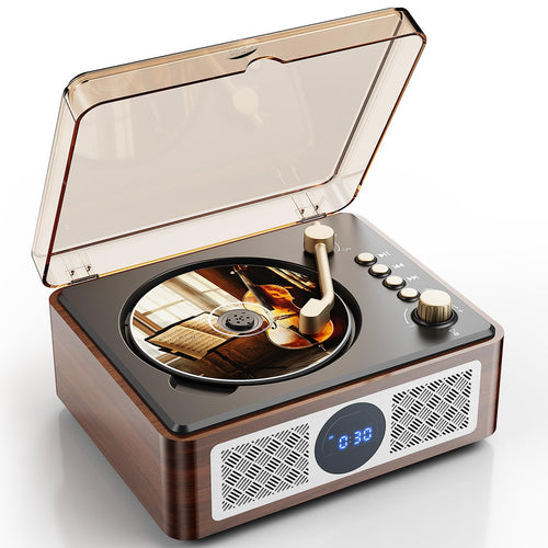 Lehwey Retro CD-Player mit Bluetooth, UKW-Radio und Lautsprecher, Holzdekor und Tonarm