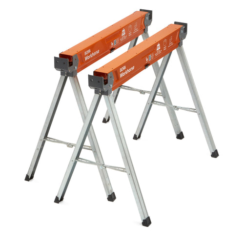 Bora PM-3350T Arbeitsbock – 2er-Set Metallsägeböcke. Robuste, klappbare Metallböcke, grau-schwarz. Stützen Werkstücke stabil bei Säge- & Montagearbeiten.