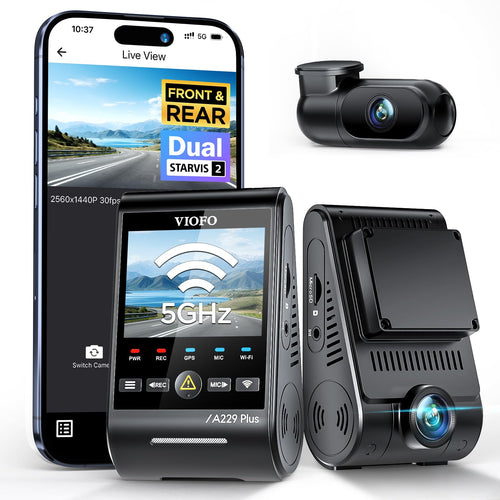 VIOFO A229 Plus Dashcam - 2K Dual WLAN Sprachsteuerung, schwarzes, kompaktes Gehäuse. Überwacht Fahrten als Video.