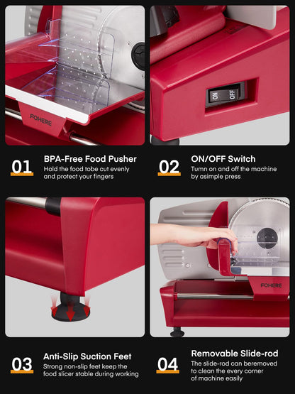 FOHERE Allesschneider 250 W mit 3 Edelstahlklingen, 0–15 mm, Rot