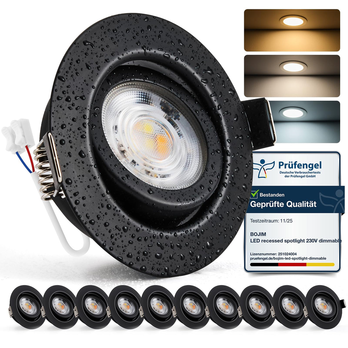 BOJIM LED Einbaustrahler 230V dimmbar IP44, 3 Lichtfarben, 10er Set – schwarze runde Deckenspots mit Metallgehäuse
