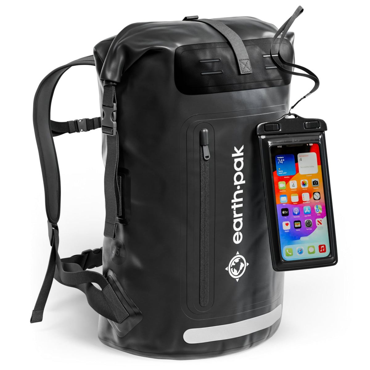 Earth Pak Summit wasserdichter Rucksack 55L schwarz inkl. Handyhülle, Dry Bag mit Rollverschluss