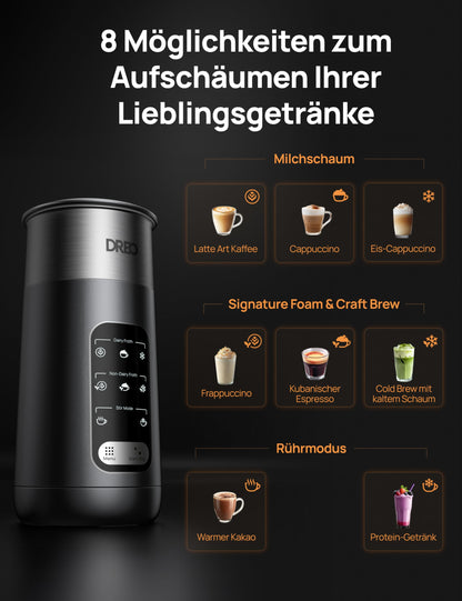 DREO Milchaufschäumer 8-in-1 elektrisch Edelstahl 270 ml Schwarz
