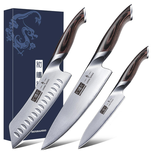 HOSHANHO Professionelles Küchenmesser Set 3-teilig – Edelstahl. Edelstahlklingen, schwarze Griffe zum präzisen Schneiden von Lebensmitteln.