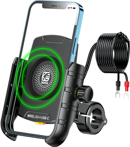 BRCOVAN M9S Motorrad-Handyhalterung mit Qi 15W Ladegerät, USB-C, 360 Grad drehbare Lenkerhalterung
