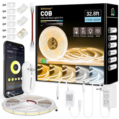 Wefomey COB LED Streifen 10m, 2700K-6500K, dimmbar mit Fernbedienung, flexibler Lichtstreifen mit Netzteil