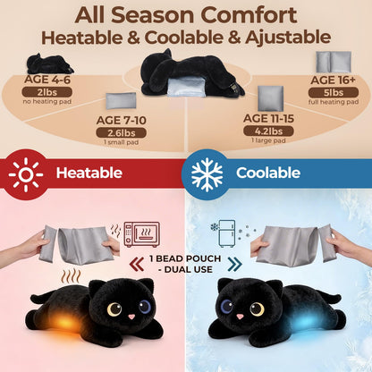 Mewaii Gewichtskuscheltier Schwarze Katze mit Wärmekissen, 2,3 kg