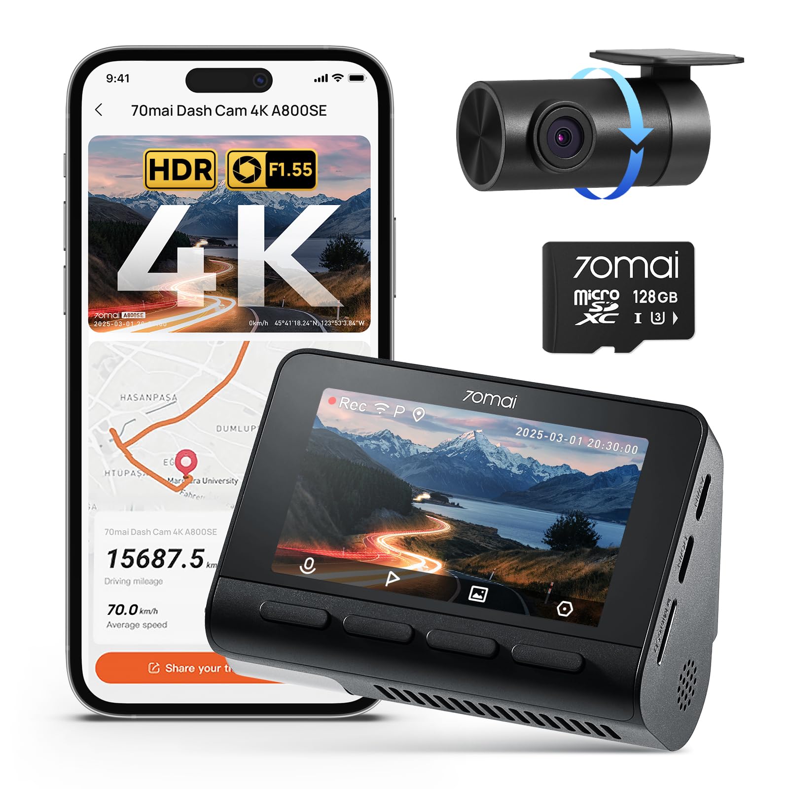 70mai A800SE Auto Dashcam Vorne/Hinten 4K GPS - inkl. 128GB SD. Schwarze 4K Dual-Kamera für Fahrvideo-Aufzeichnung mit GPS.