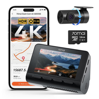 70mai A800SE Auto Dashcam Vorne/Hinten 4K GPS - inkl. 128GB SD. Schwarze 4K Dual-Kamera für Fahrvideo-Aufzeichnung mit GPS.