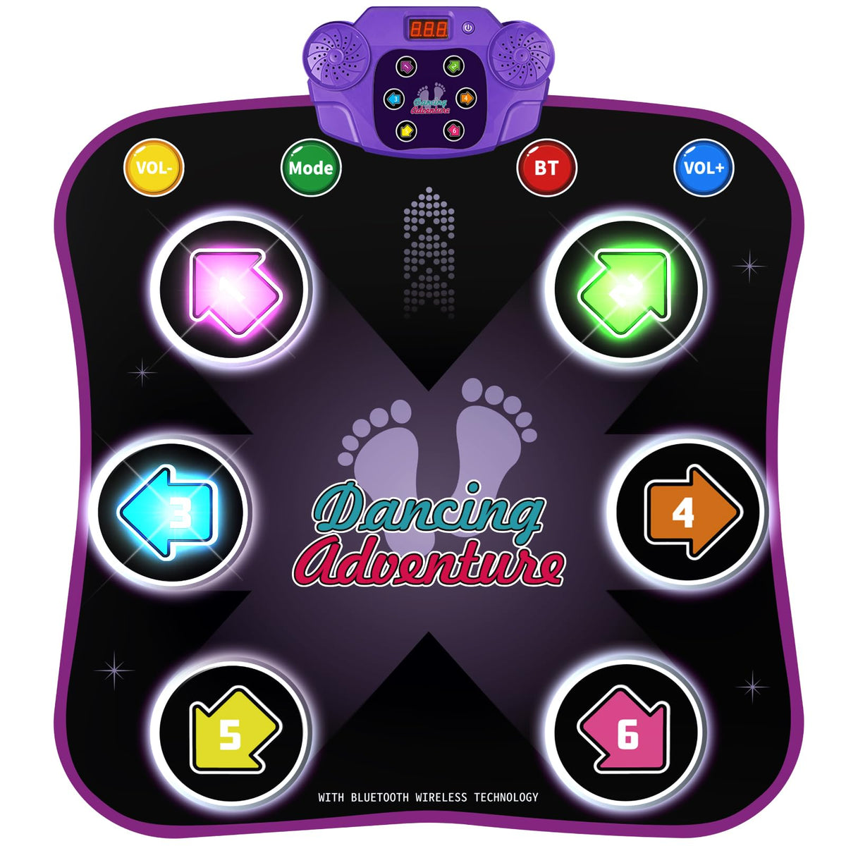 Hot Bee Leuchtend Tanzmatte Mädchen. Rechteckige, beleuchtete Tanzmatte mit 6 Leuchtpfeilen und Bluetooth. Für interaktive Tanzspiele.