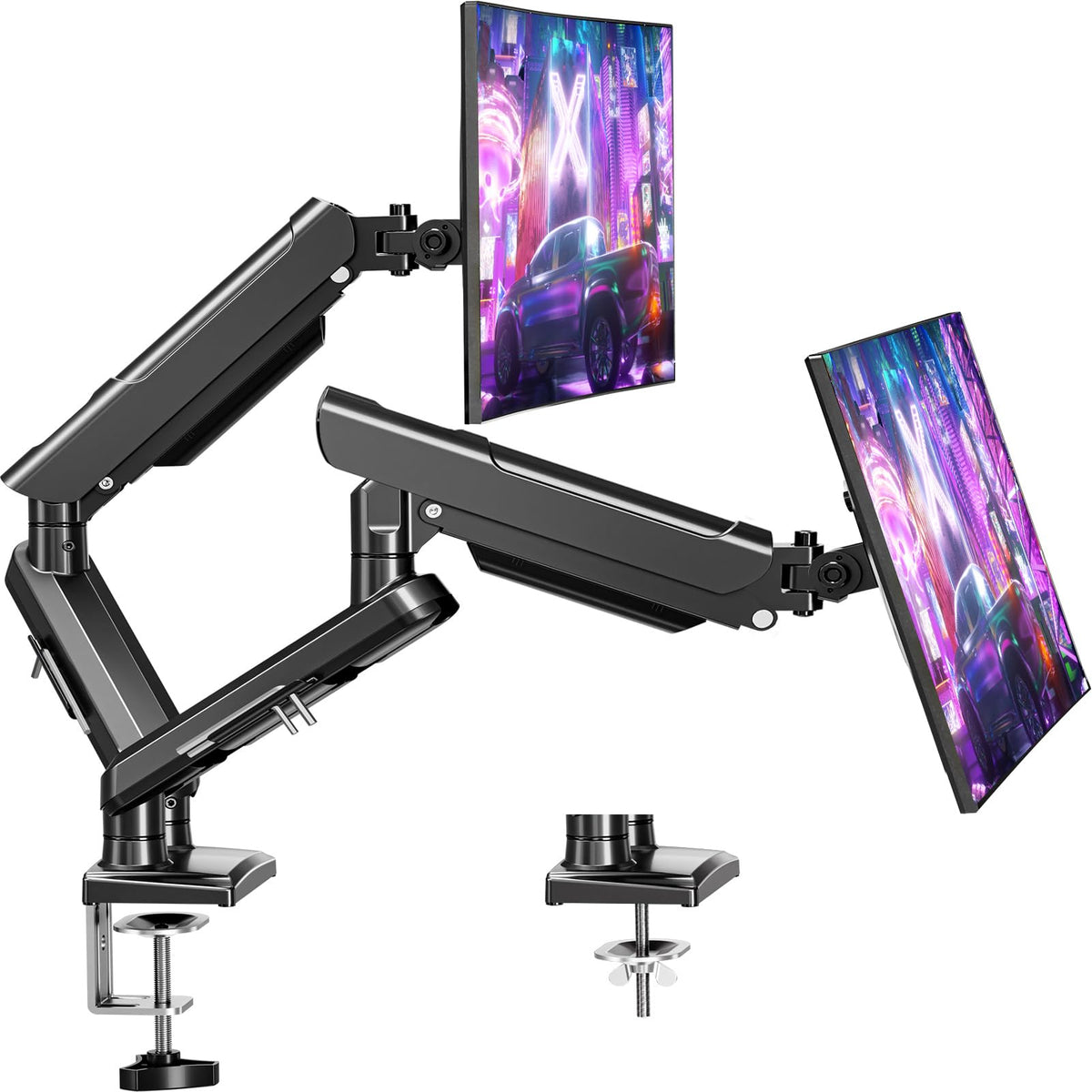 ELIVED EV6012B Gasfeder Monitor Halterung 2 Monitore 13-32 Zoll. Schwarz, mit zwei Gelenkarmen zur ergonomischen Positionierung.
