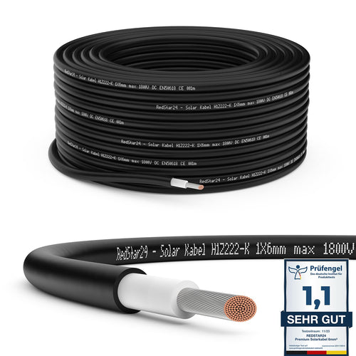 RedStar24 Premium Solarkabel 6mm² Schwarz - 100m. Rundes, schwarzes Gleichstromkabel für die Verbindung von Solarmodulen.