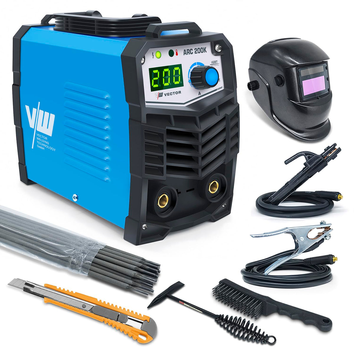 Vector Welding ARC200K MMA Schweissgerät - 200A Set, kompaktes Inverter-Gerät. Ermöglicht Elektrodenschweißen von Stahl/Edelstahl.