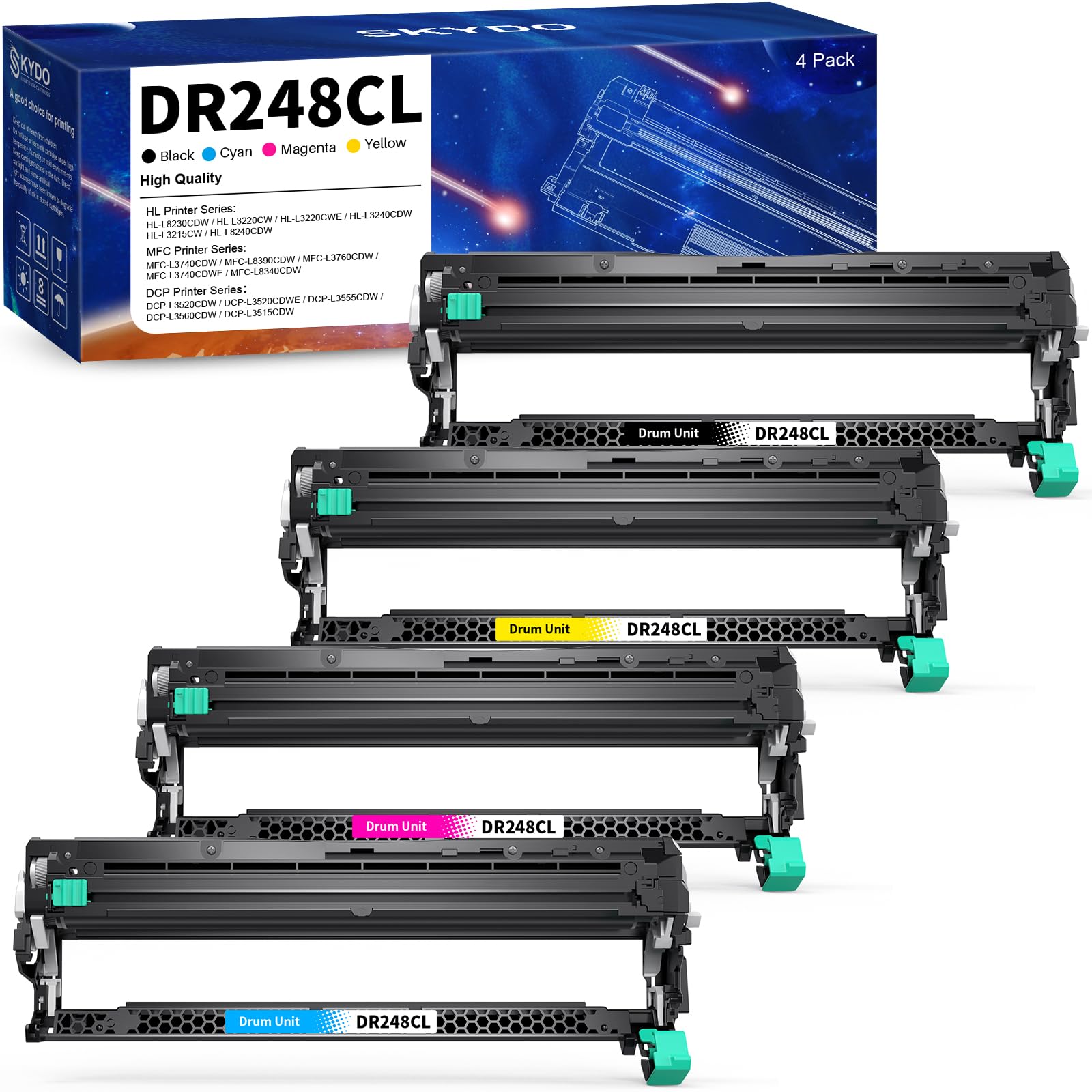 Skydo DR-248CL Trommeleinheit Kompatibel Brother - 4er-Pack. Vier schwarze Trommeleinheiten für Laserdrucker zur Tonerübertragung auf Papier.