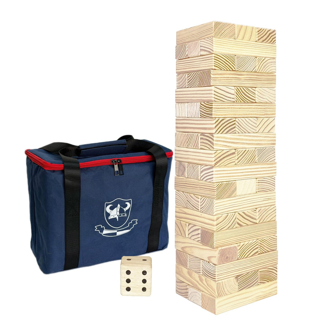 JacJoe All Pro Jumbo Holz-Stapelspiel mit Würfeln und Tragetasche, 54 Blöcke aus Kiefernholz