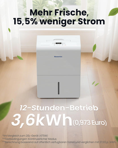 Newentor Luftentfeuchter 25L/24h für 80m², 295W, mit Ablaufschlauch
