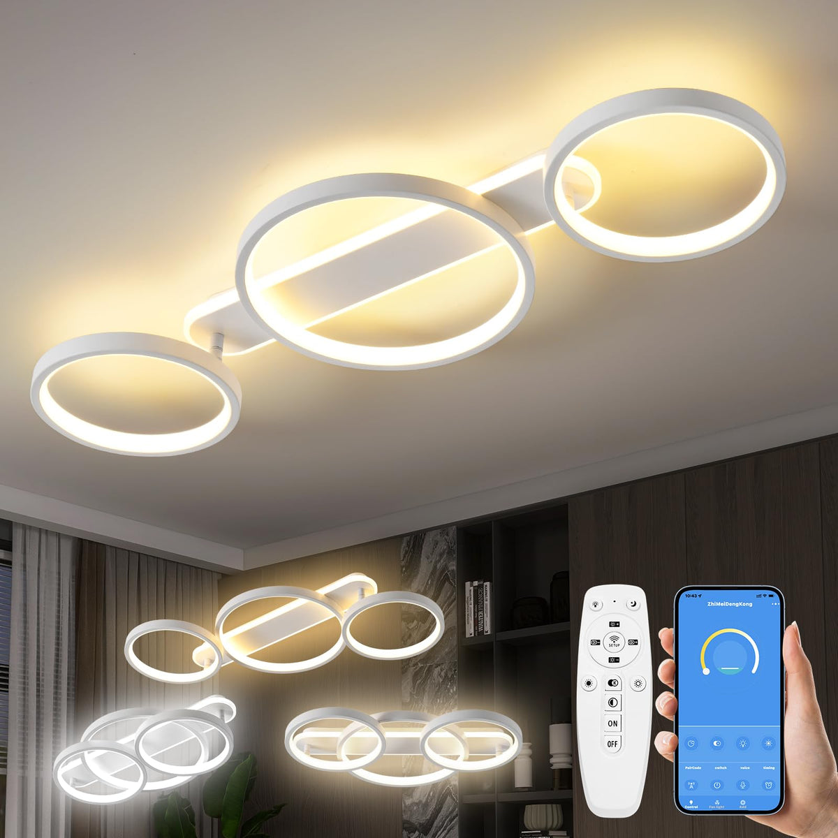 LED Deckenleuchte Ring 3-flammig dimmbar – APP, Weiss 78cm: Weißer 78cm Ring, 3-flammig. Dimmbare LED-Raumleuchte, APP-steuerbar.
