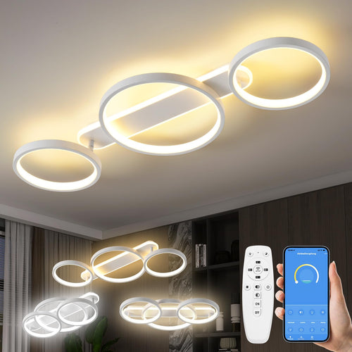 LED Deckenleuchte Ring 3-flammig dimmbar – APP, Weiss 78cm: Weißer 78cm Ring, 3-flammig. Dimmbare LED-Raumleuchte, APP-steuerbar.