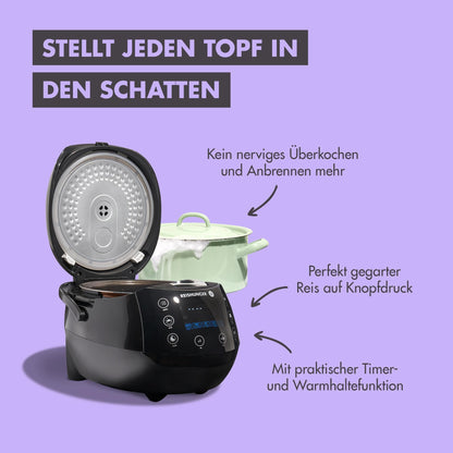 REISHUNGER Starter Set Digital-Reiskocher & Dampfgarer Schwarz mit Reis