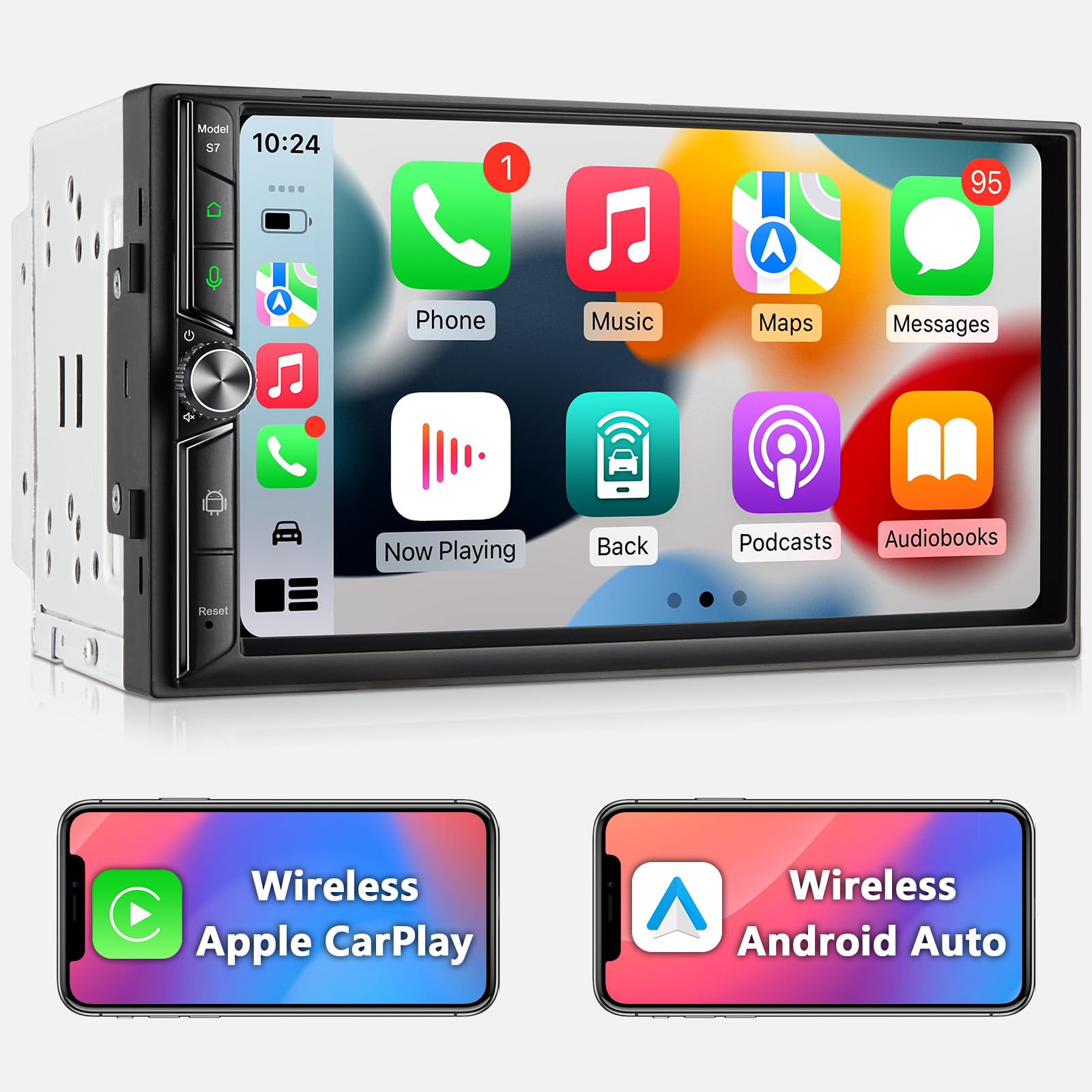 Android Doppel Din Autoradio - 7 Zoll Wireless CarPlay Android Auto. Schwarzes Doppel-DIN-Gerät für Navigation & Infotainment.