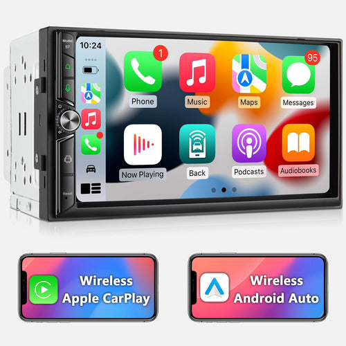 Android Doppel Din Autoradio - 7 Zoll Wireless CarPlay Android Auto. Schwarzes Doppel-DIN-Gerät für Navigation & Infotainment.