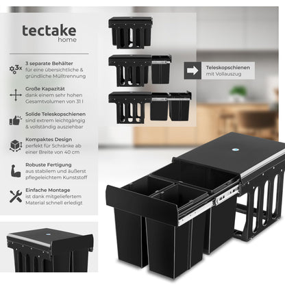 tectake Mülltrennsystem Einbau 3 Fächer (2x 8L + 15L)