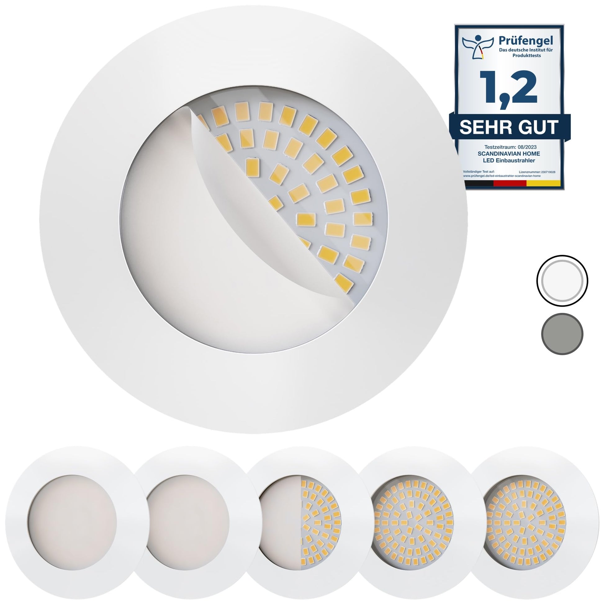 Scandinavian home 6er Set LED Einbaustrahler Warmweiss Weiss-Matt IP44. Runde Einbaustrahler für warmweisses Deckenlicht (IP44).