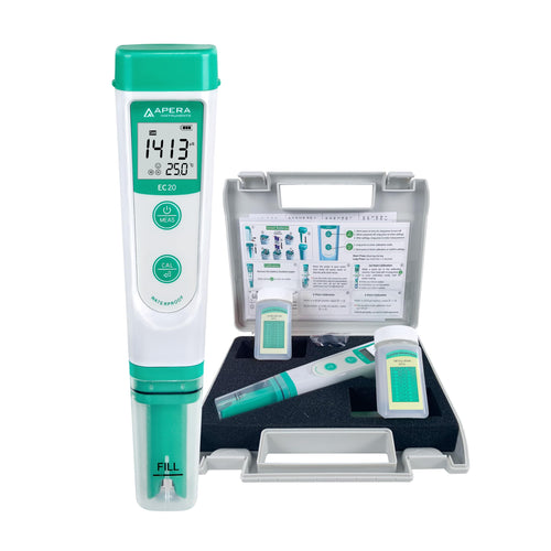 Apera Instruments EC20 Leitfähigkeitsmessgerät im Taschenformat, graues Stiftformat mit Display/Sensor, misst elektrische Leitfähigkeit in Flüssigkeiten.
