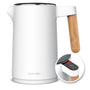 Arendo Wasserkocher Edelstahl mit Temperatureinstellung, 1,5 Liter, weiss matt, Griff in Holzoptik