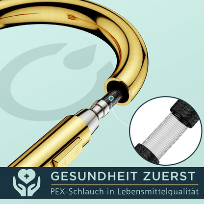 FORIOUS Küchenarmatur Hoher Bogen Ausziehbar – Gebürstetes Gold