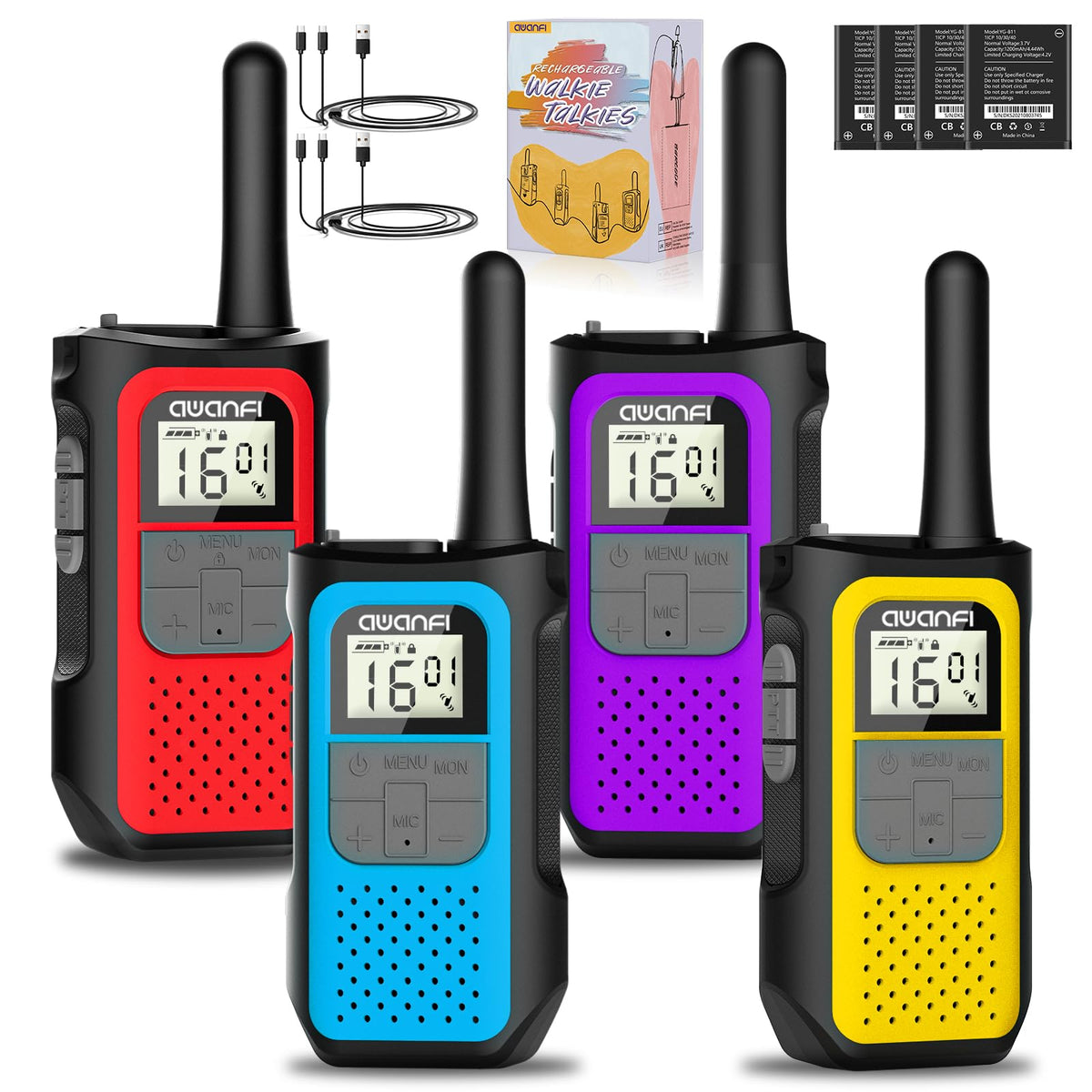 AWANFI Walkie Talkie 4er Set, aufladbare Funkgeräte, 16 Kanäle
