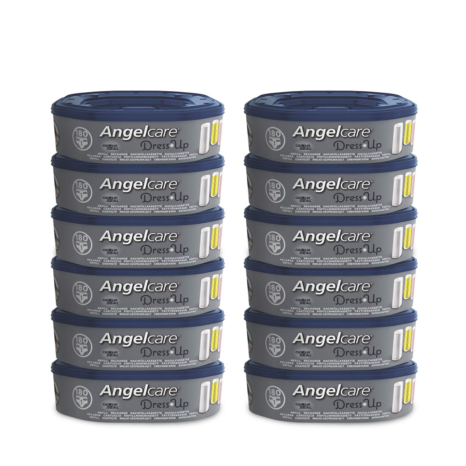 Angelcare Original Nachfüllkassetten Classic/Dress-Up XL 12er-Pack. Weiße, runde Kassetten zur geruchsdichten Windelentsorgung im Windeleimer.