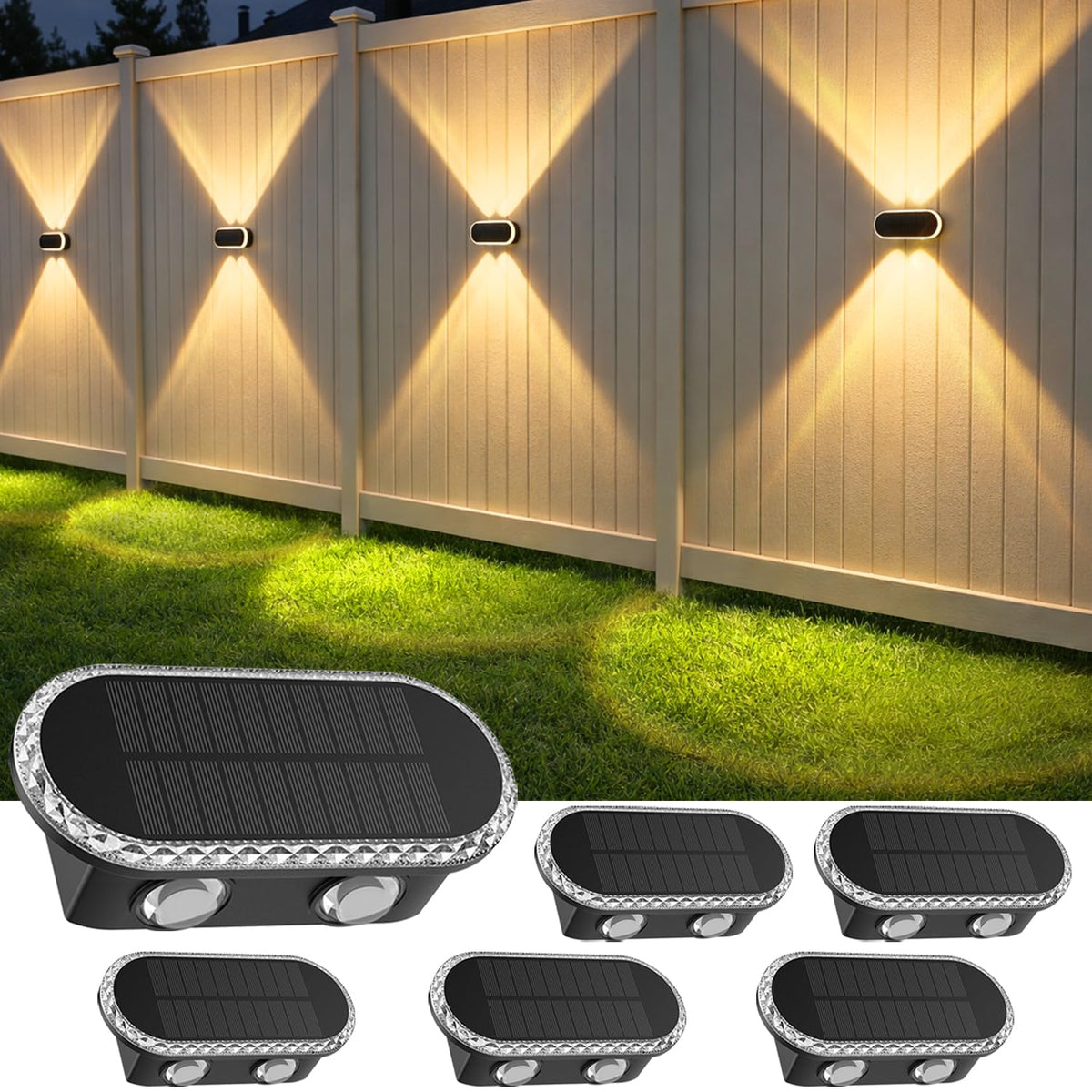 Hiromeco Solar Wandleuchte Aussen 6er-Set Up Down 3000K/4000K/6000K mit kristallgeschliffener Oberfläche