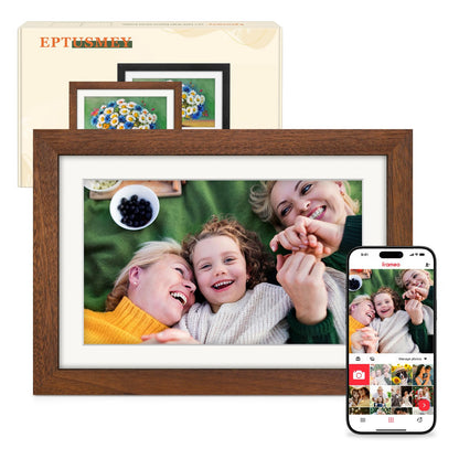 Frameo Digitaler WLAN Bilderrahmen 10.1 Zoll Walnussholz 32GB: Rechteckiger Rahmen aus Walnussholz, zeigt Fotos/Videos per WLAN.