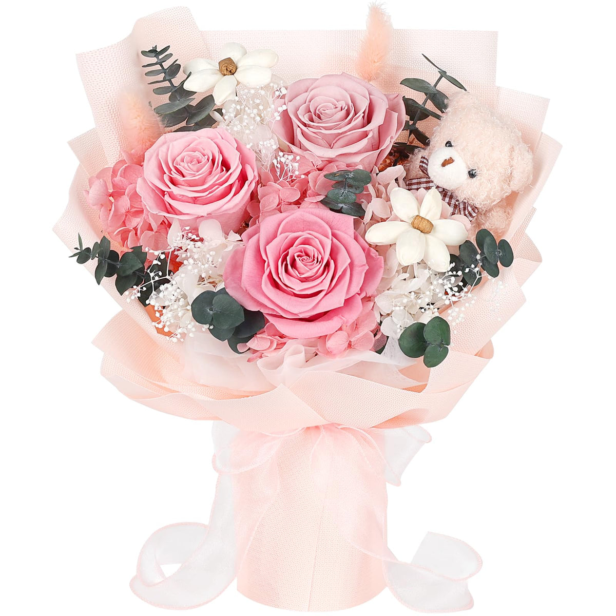 MAMAMIKO Konservierter Rosenstrauss mit Bär, 3 Infinity Rosen rosa, Geschenkbox