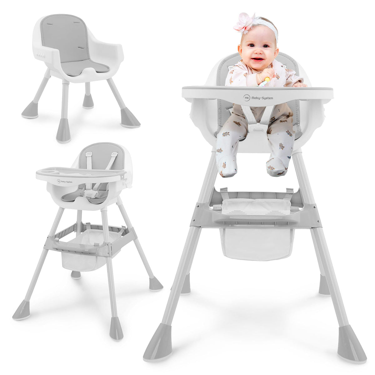 Moby-System Magnolia 2in1 Hochstuhl mit Tablett, Grau, ab 6 Monaten mit Kunstleder-Einlage und 5-Punkt-Gurt